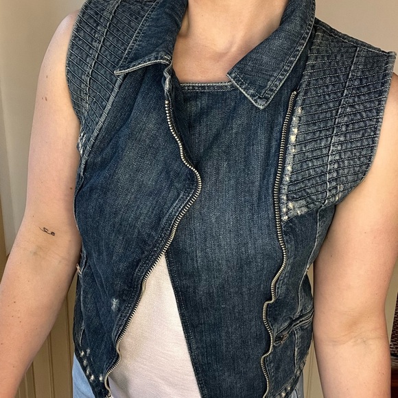 Guess Sleeveless Moto Denim Vest Grunge Biker Y2K Streetwear Distressed S Edgy - Picture 5 of 12